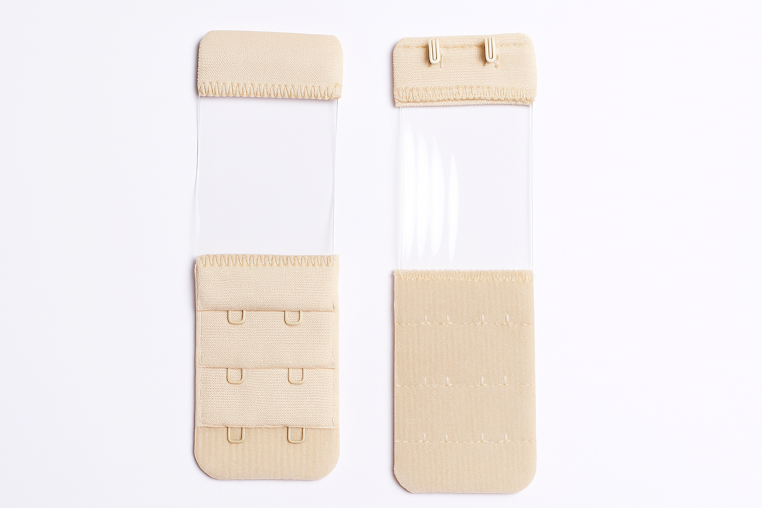 Transparent bra hook extenders with text on a red background