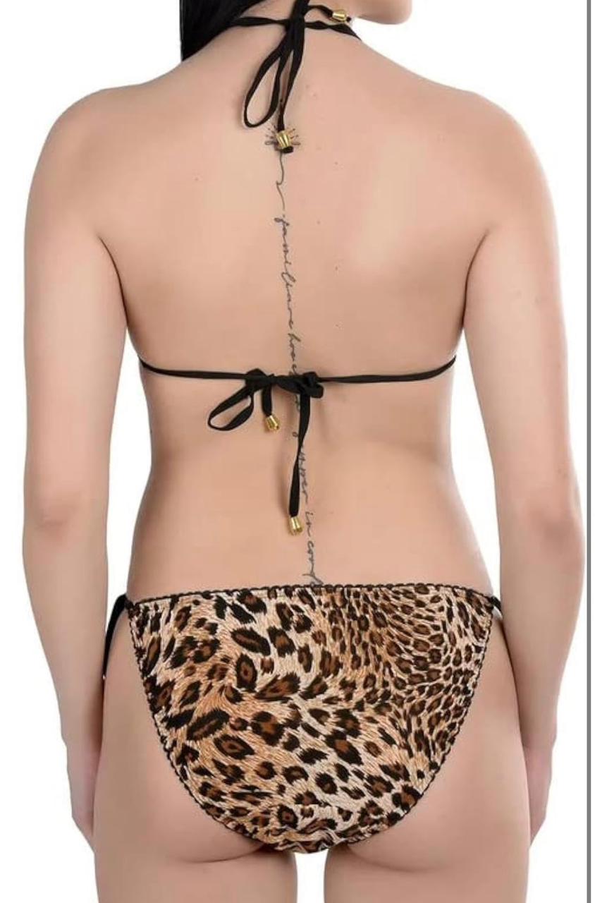 Leopard print bikini bottom with black straps on a white background