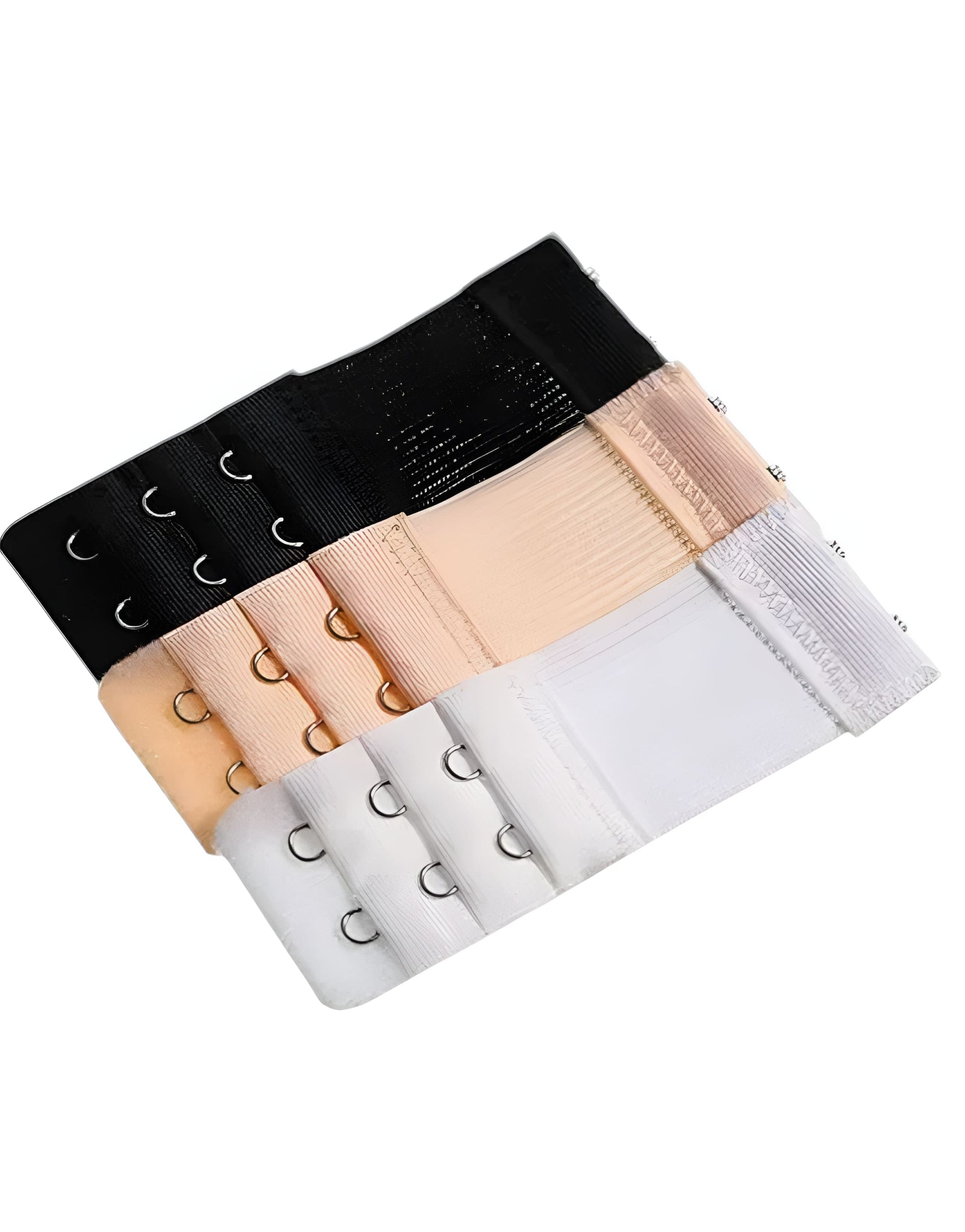 Set of three elastic bands in black, beige, and white on a white background