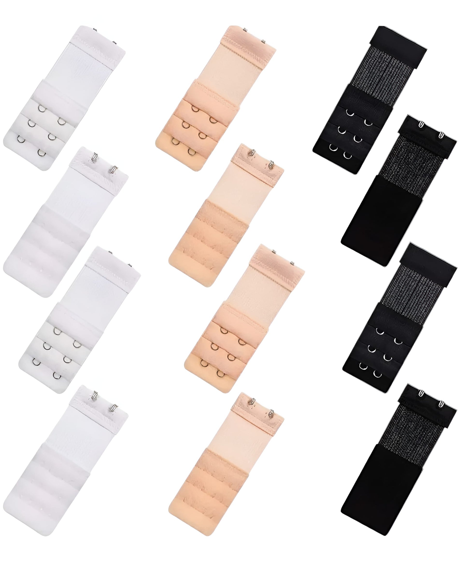 Set of bra extenders in white, beige, and black on a white background