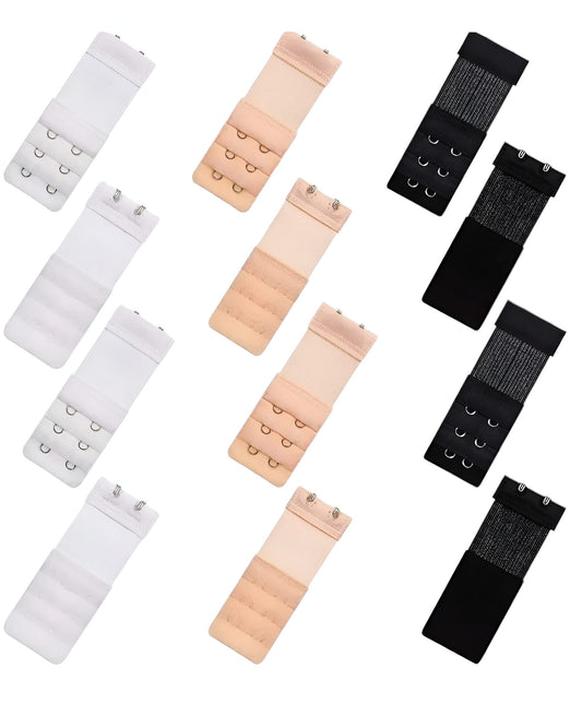 Set of bra extenders in white, beige, and black on a white background