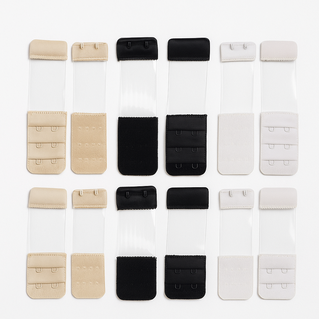 Transparent bra hook extenders with text on a red background