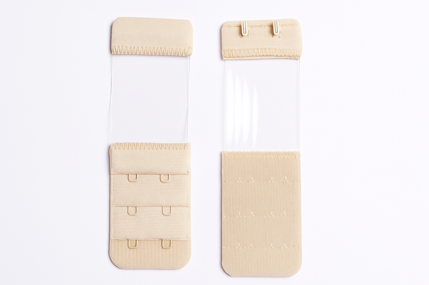 Transparent bra hook extenders with text on a red background